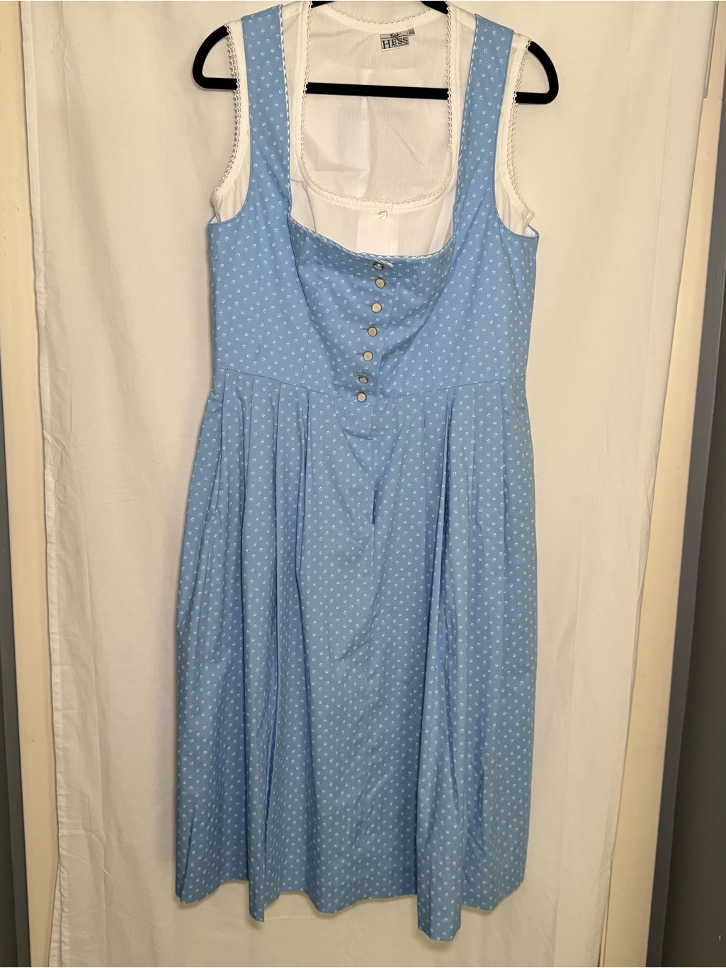 Vintage Turi Blue Dirndl Dress & Hess White Blouse Set Oktoberfest